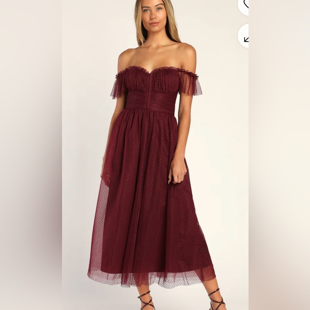 Lulus Elegant Burgundy Off-Shoulder Cocktail Dress